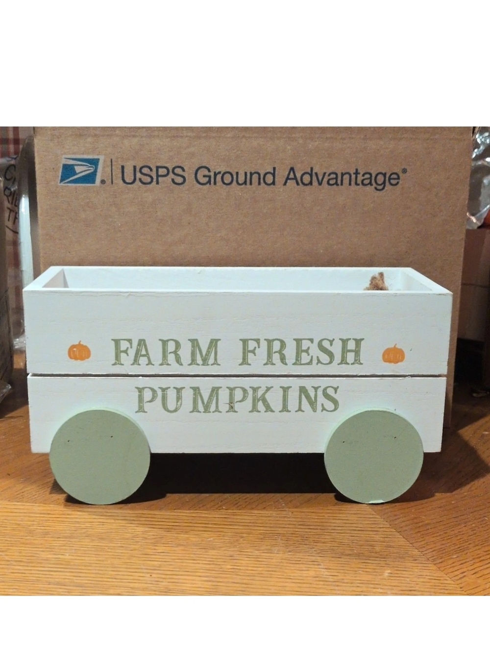 Farm Fresh Pumpkins Decorative Wooden Wagon - White and Sage